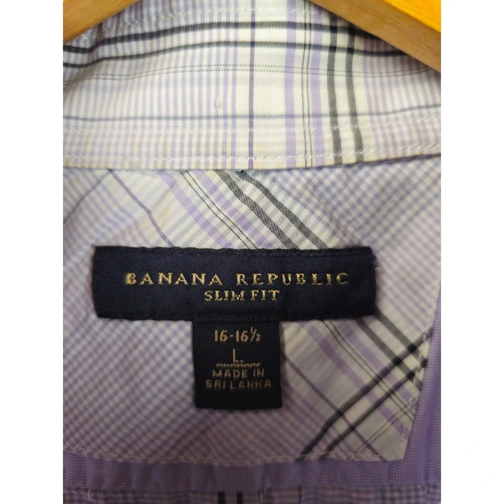 Banana Republic Button Up Shirt Large Slim Fit Purple Plaid Double Chest Pocket